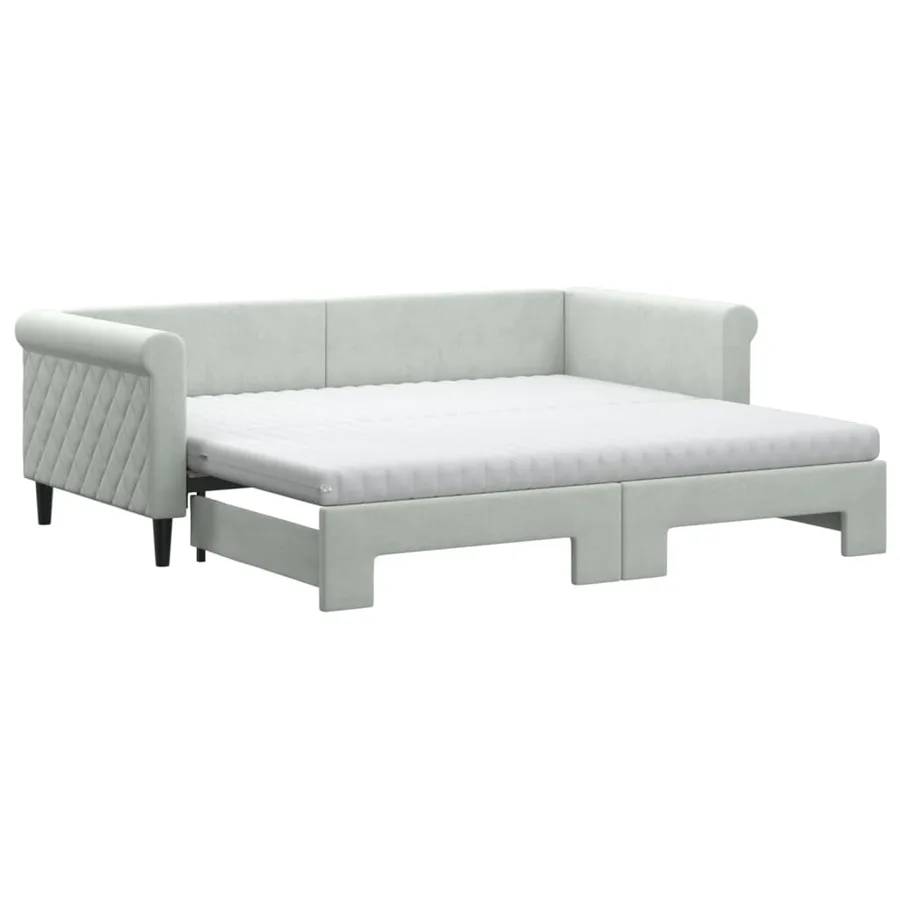 Lit de jour avec gigogne et matelas gris clair 90x190cm velours - 2