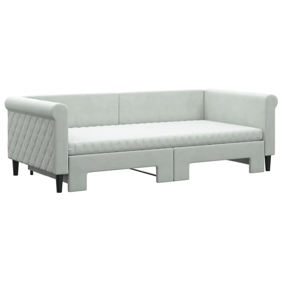 Lit de jour avec gigogne et matelas gris clair 90x190cm velours - 3
