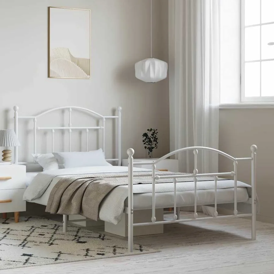 Cadre de lit métal sans matelas et pied de lit blanc 100x190 cm