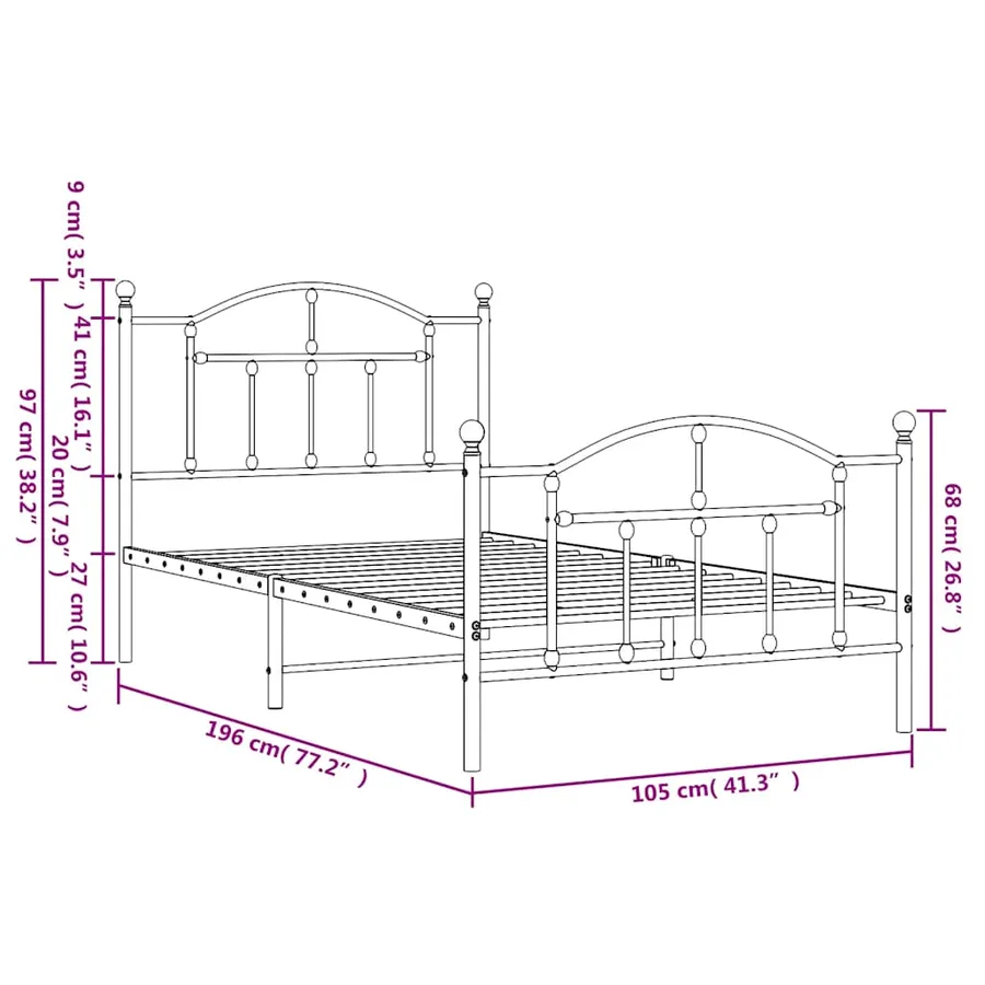 Cadre de lit métal sans matelas et pied de lit blanc 100x190 cm - 10