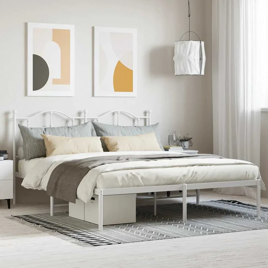 Cadre de lit métal sans matelas et tête de lit blanc 160x200 cm