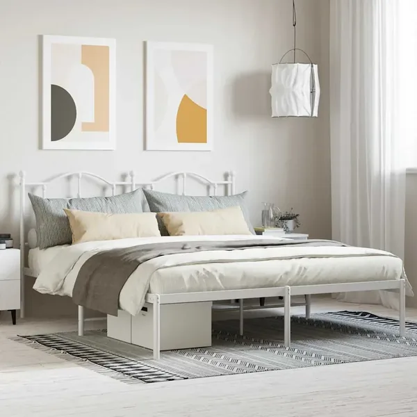 Cadre de lit métal sans matelas et tête de lit blanc 160x200 cm