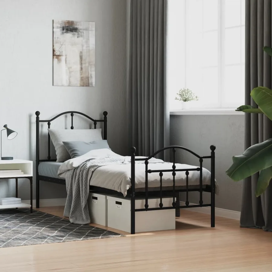 Cadre de lit métal sans matelas avec pied de lit noir 75x190 cm