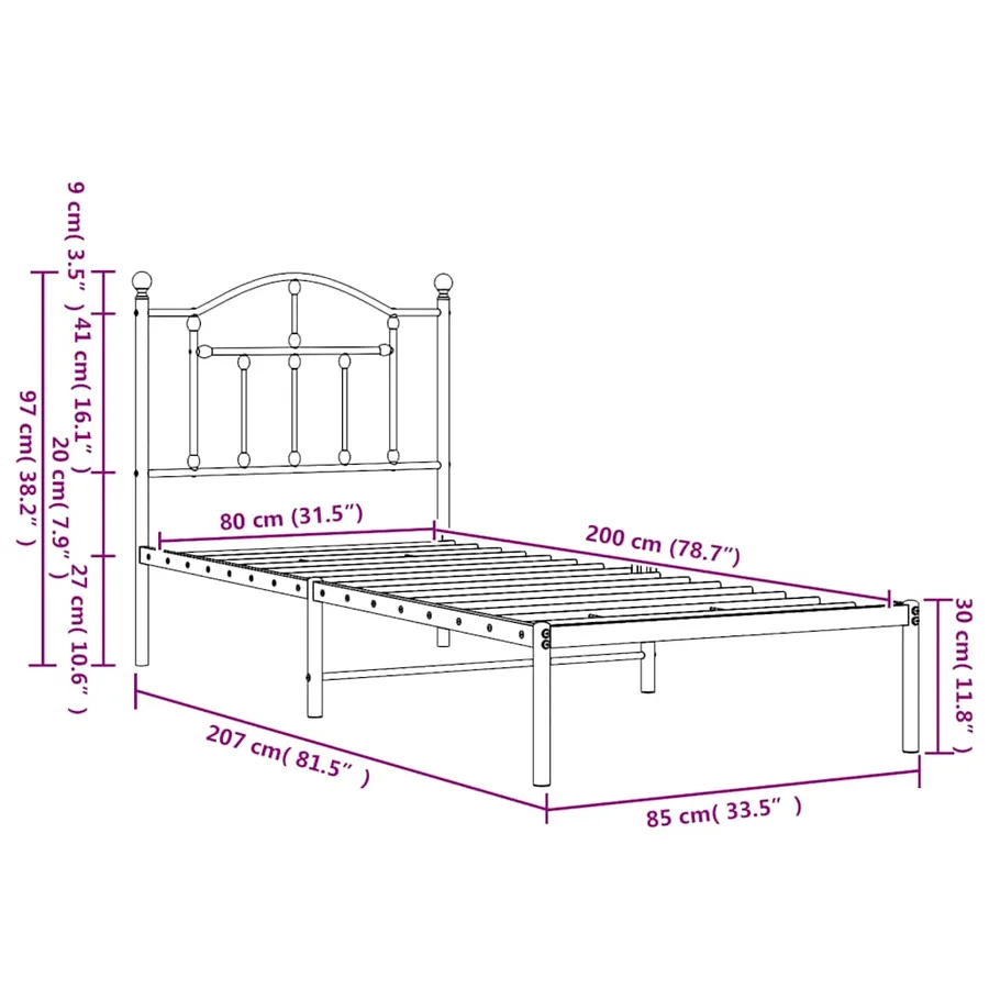 Cadre de lit métal sans matelas avec tête de lit noir 80x200 cm - 9