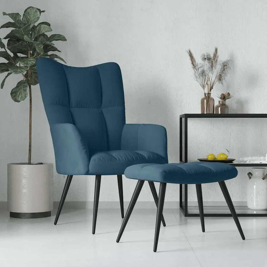 Chaise de relaxation avec tabouret Bleu Velours