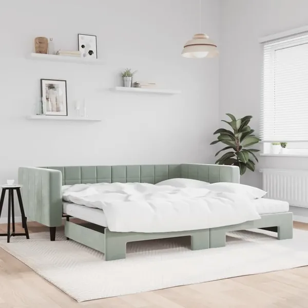 Lit de jour et gigogne et matelas gris clair 100x200 cm velours