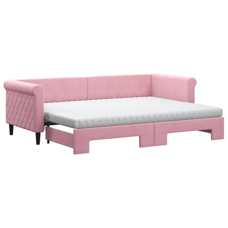 Lit de jour avec lit gigogne et matelas rose 80x200 cm velours - 2