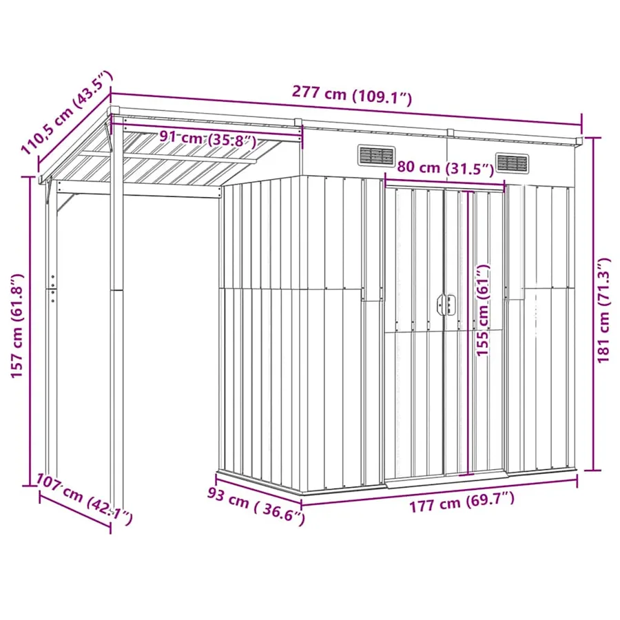 Abri de jardin avec toit prolongé vert 277x107x181 cm acier - 9