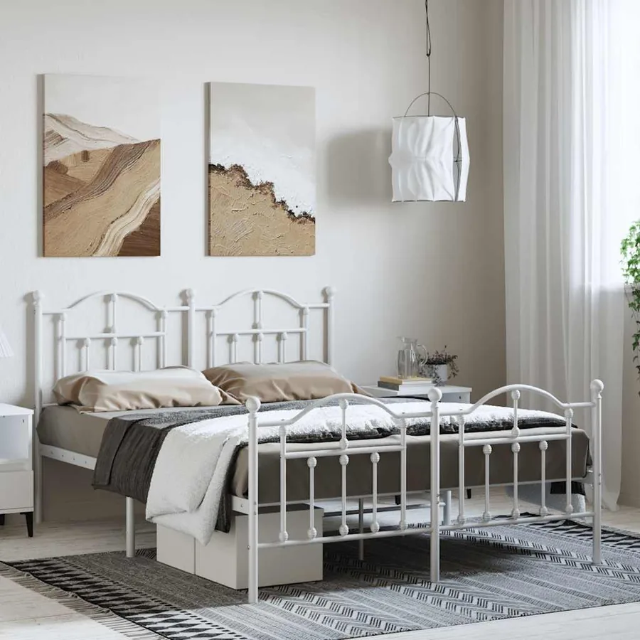 Cadre de lit métal sans matelas et pied de lit blanc 150x200 cm