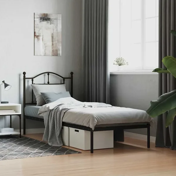 Cadre de lit métal sans matelas avec tête de lit noir 90x190 cm