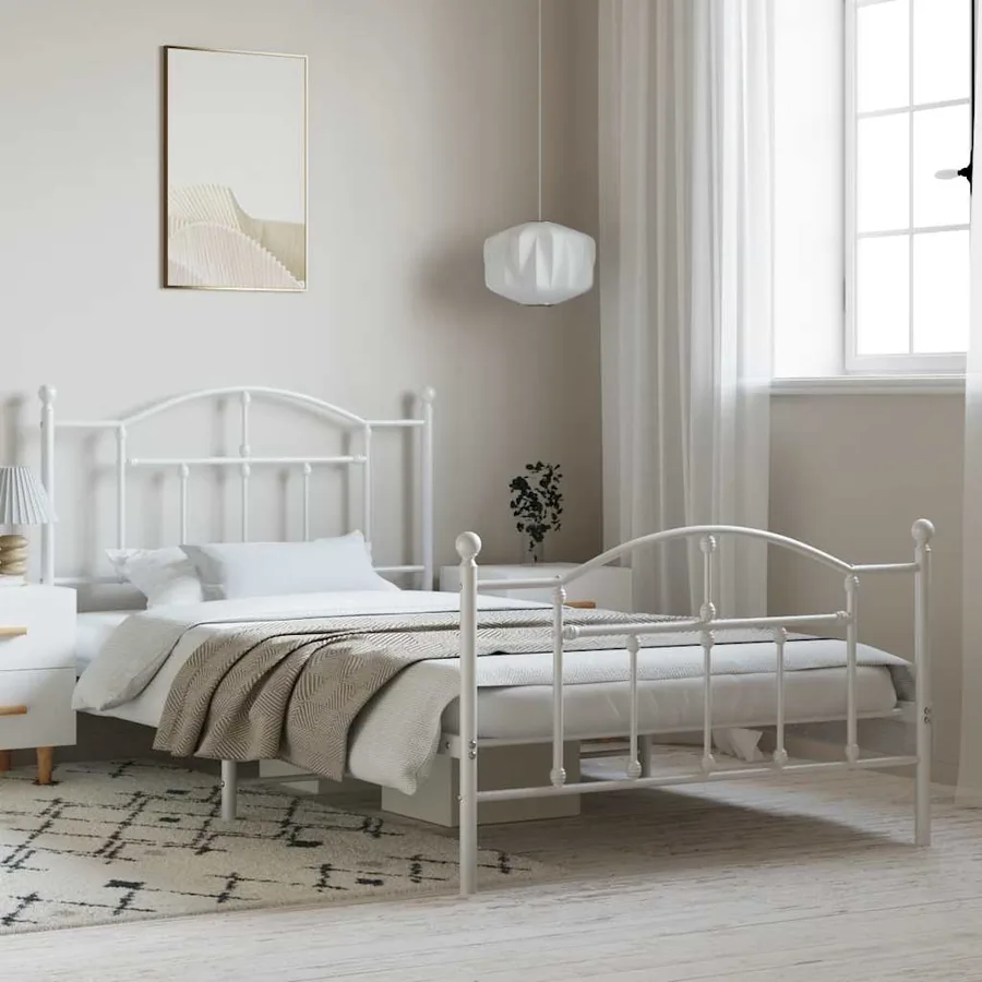 Cadre de lit métal sans matelas et pied de lit blanc 100x200 cm