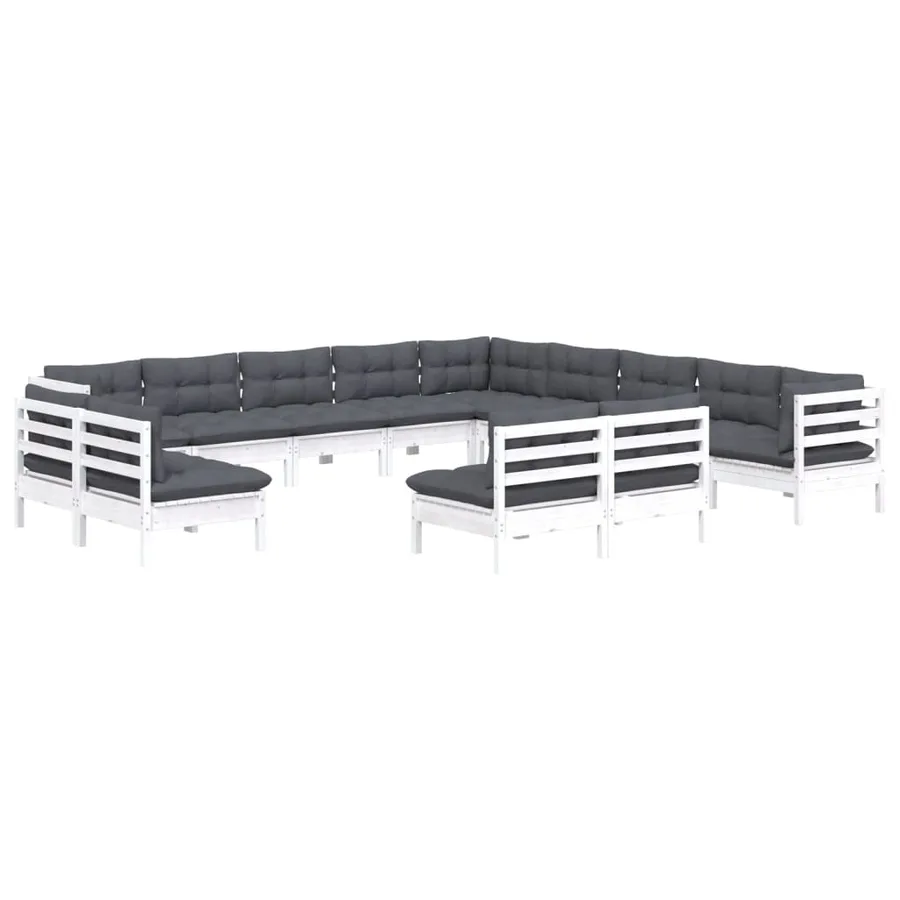 Salon de jardin 13 pcs avec coussins blanc bois de pin solide - 3