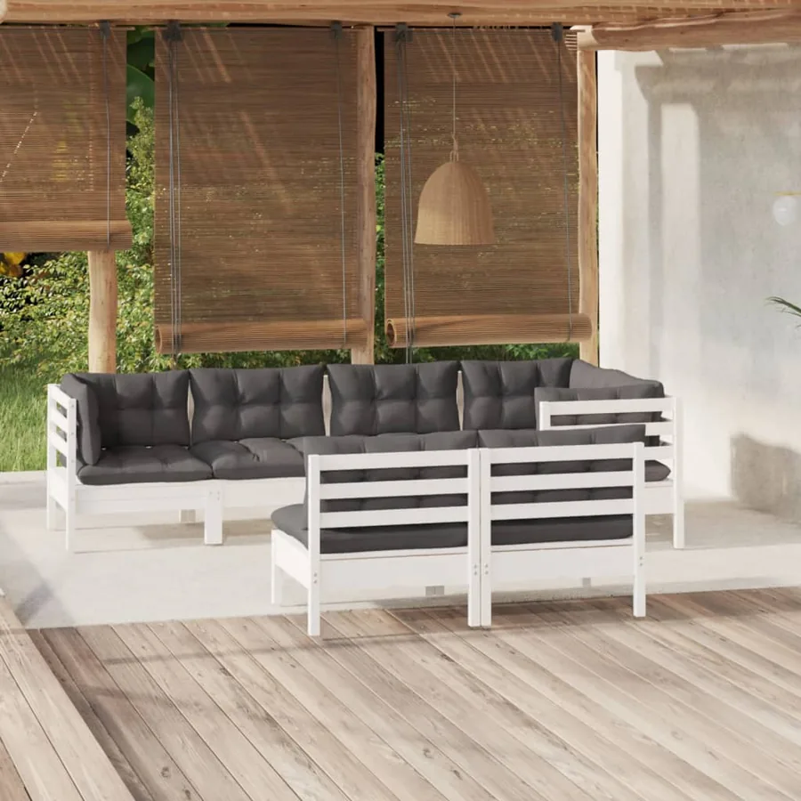 Salon de jardin 7 pcs avec coussins Blanc Bois de pin massif