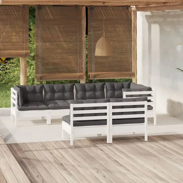 Salon de jardin 7 pcs avec coussins Blanc Bois de pin massif