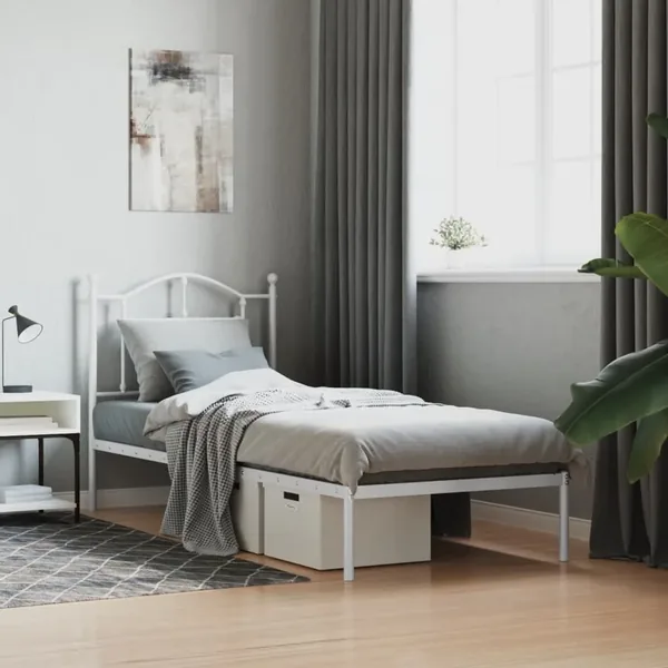 Cadre de lit métal sans matelas avec tête de lit blanc 80x200cm