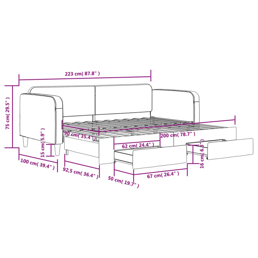 Lit de jour avec gigogne et tiroirs sans matelas 90x200 cm - 12