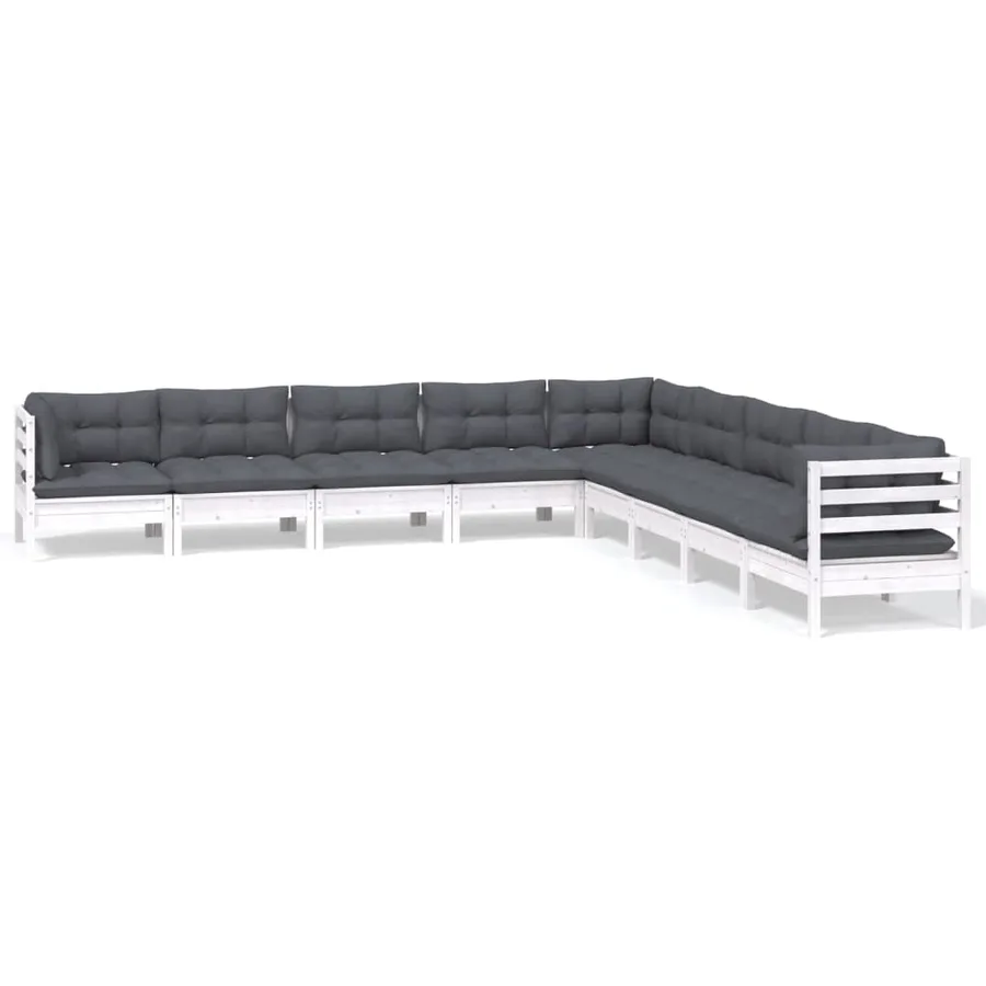 Salon de jardin 9 pcs avec coussins blanc bois de pin massif - 2