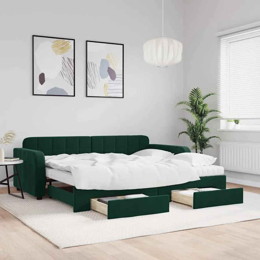 Lit de jour avec gigogne et tiroirs vert foncé 90x200cm velours