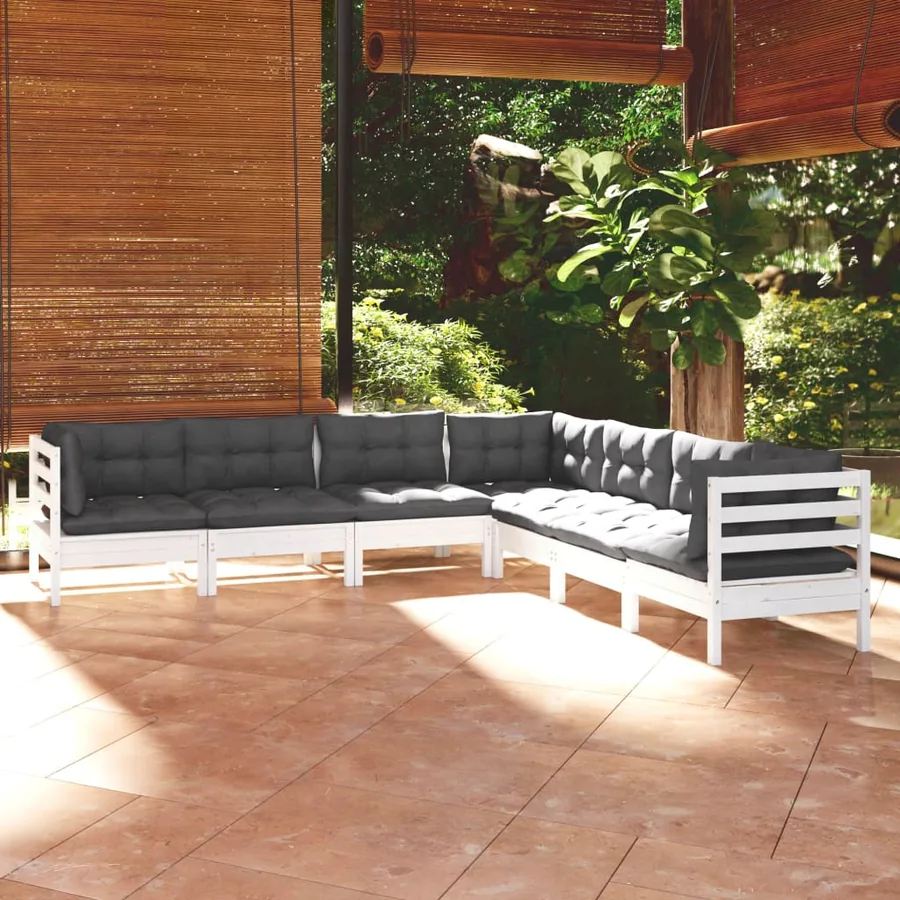 Salon de jardin 7 pcs avec coussins blanc bois de pin massif