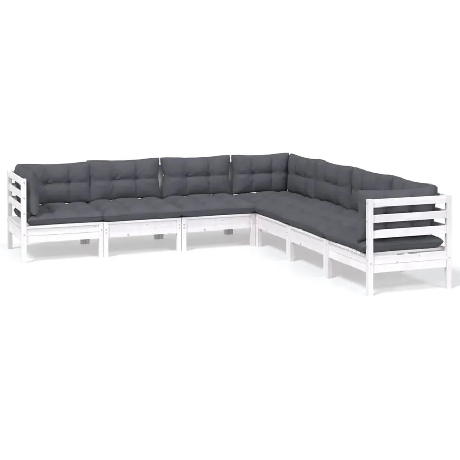Salon de jardin 7 pcs avec coussins blanc bois de pin massif - 2