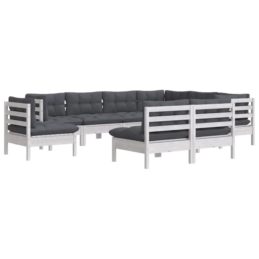 Salon de jardin 9 pcs avec coussins blanc bois de pin massif - 3