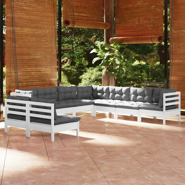 Salon de jardin 9 pcs avec coussins blanc bois de pin massif