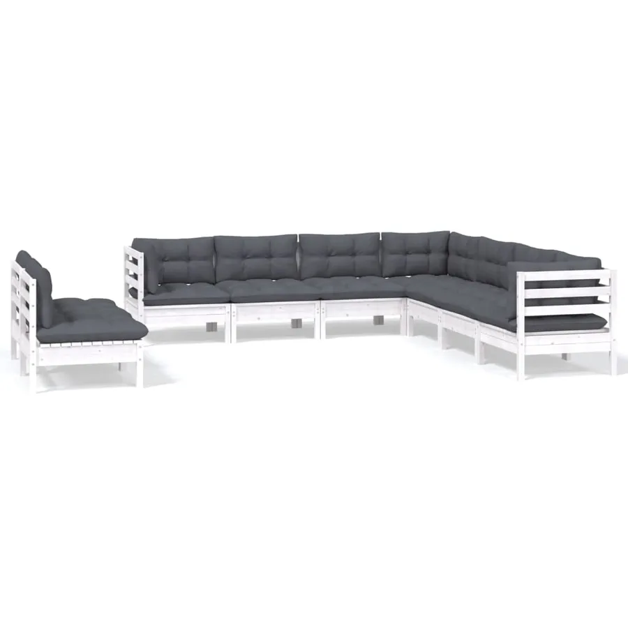 Salon de jardin 9 pcs avec coussins blanc bois de pin massif - 2