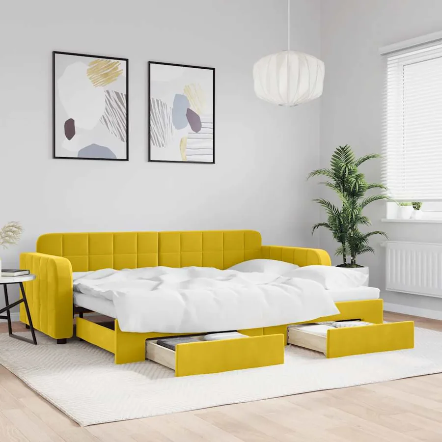 Lit de jour avec gigogne et tiroirs jaune 80x200 cm velours