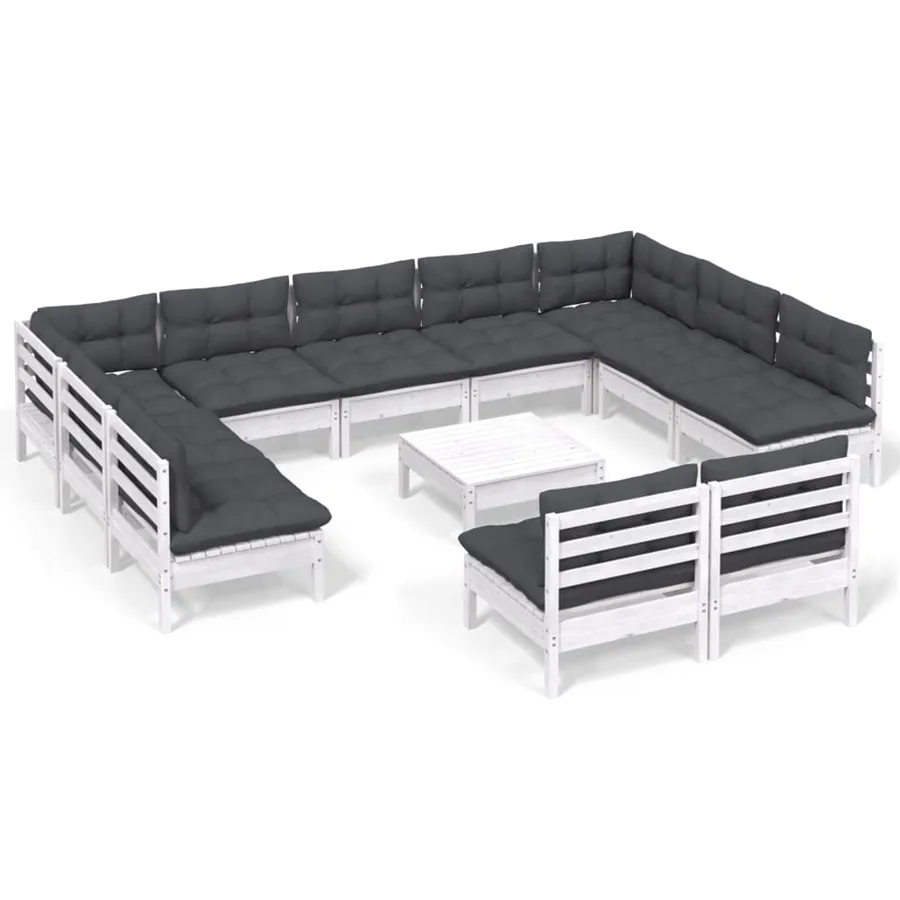 Salon de jardin 12 pcs avec coussins blanc bois de pin solide - 2