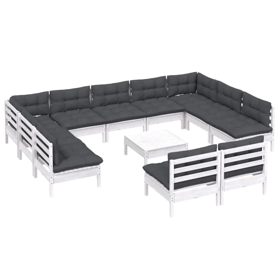 Salon de jardin 12 pcs avec coussins blanc bois de pin solide - 3