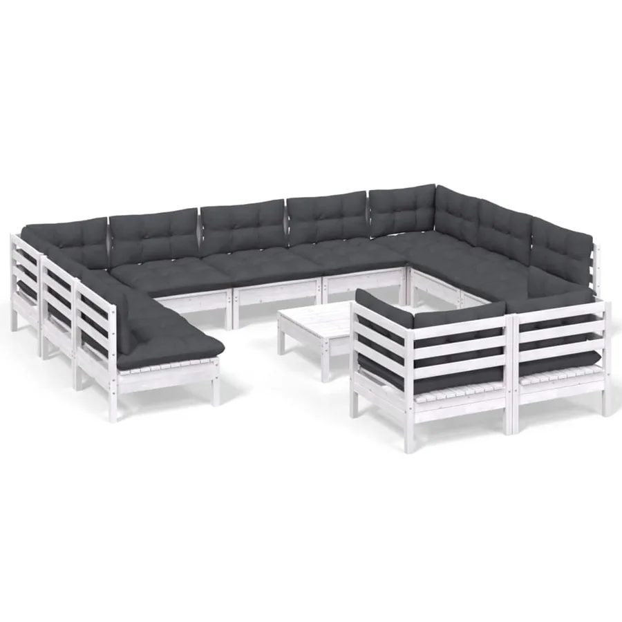 Salon de jardin 12 pcs avec coussins blanc bois de pin solide - 2