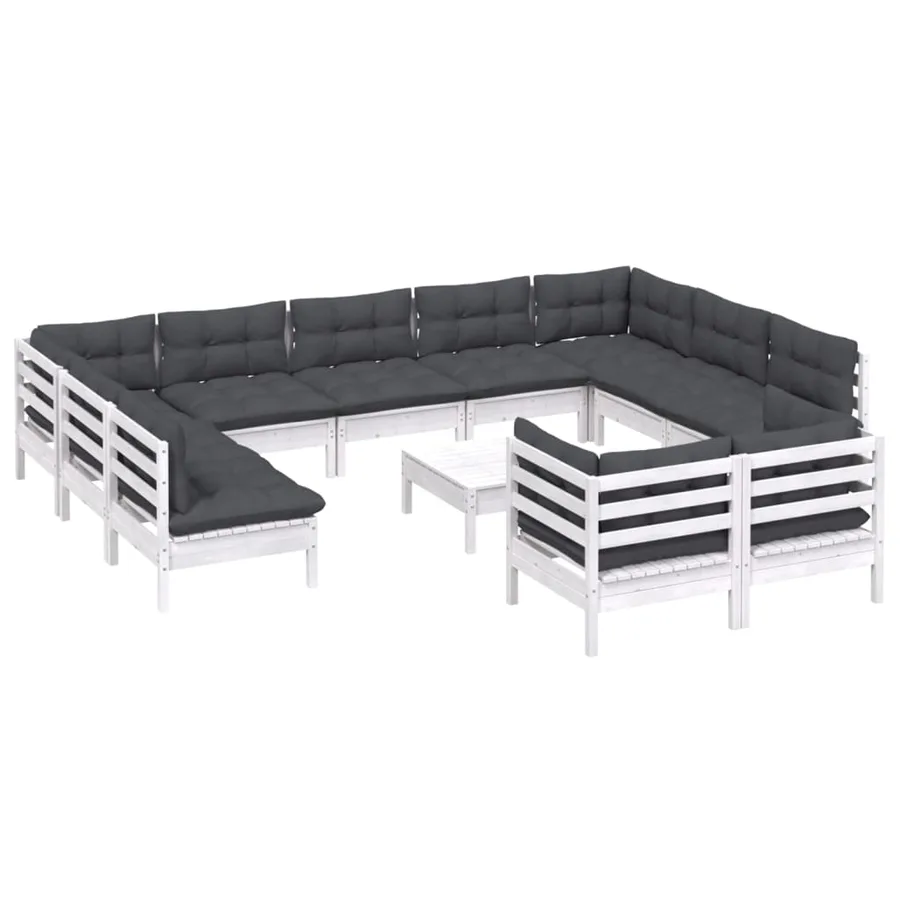 Salon de jardin 12 pcs avec coussins blanc bois de pin solide - 3