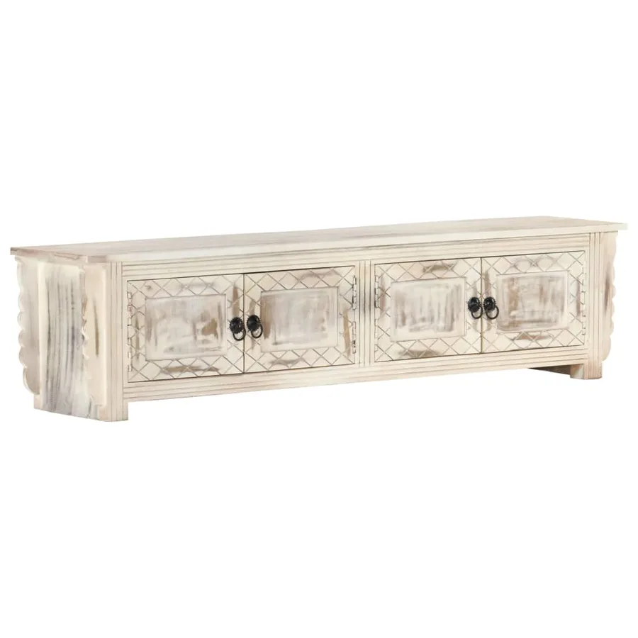 Meuble TV Blanc 140x30x35 cm Bois massif de manguier - 10