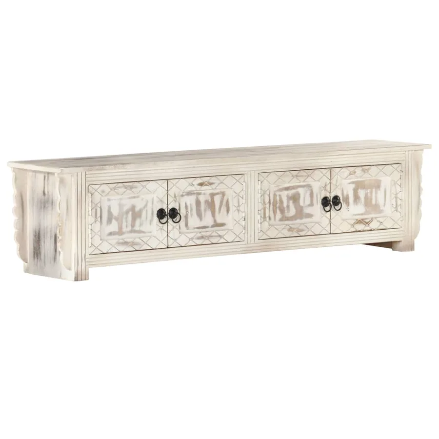 Meuble TV Blanc 140x30x35 cm Bois massif de manguier - 11