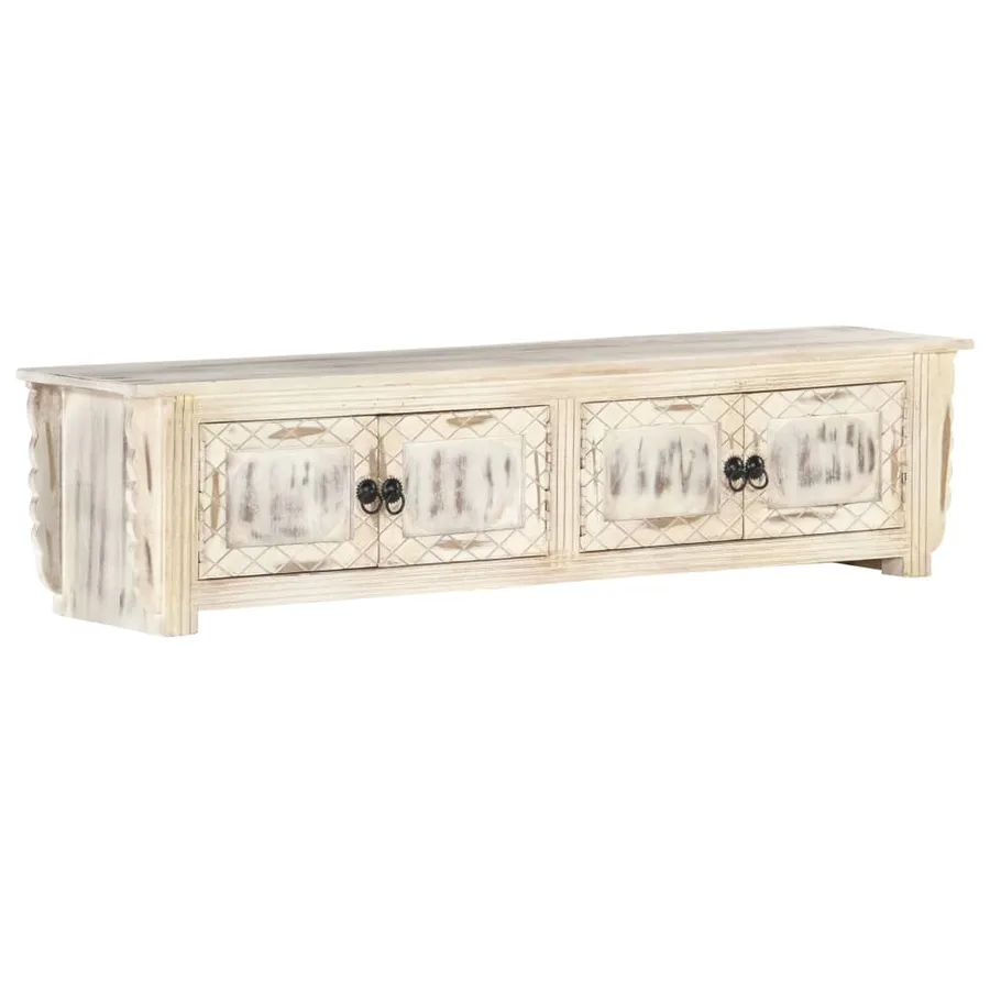 Meuble TV Blanc 140x30x35 cm Bois massif de manguier - 8