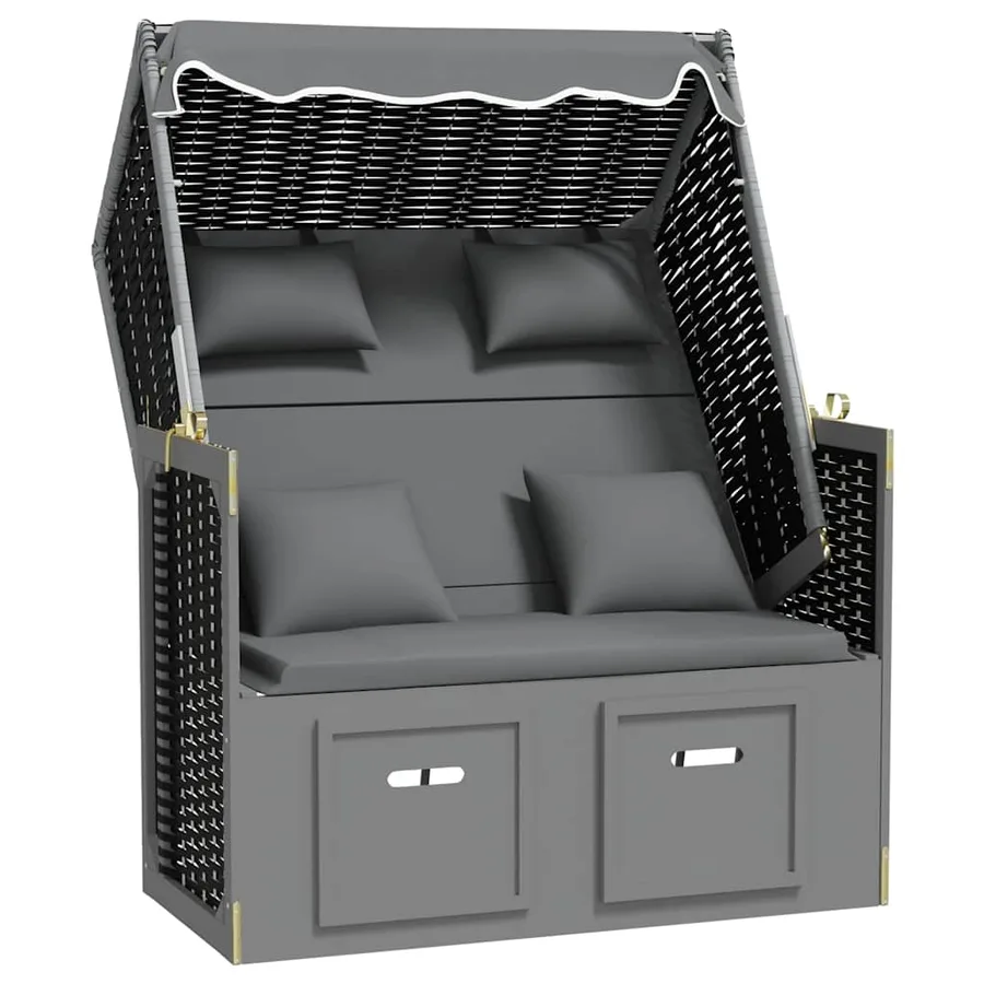 Strandkorb avec coussin poly rotin bois solide anthracite noir - 3