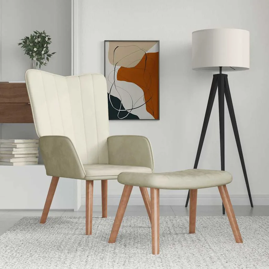 Chaise de relaxation avec repose-pied Blanc crème Velours