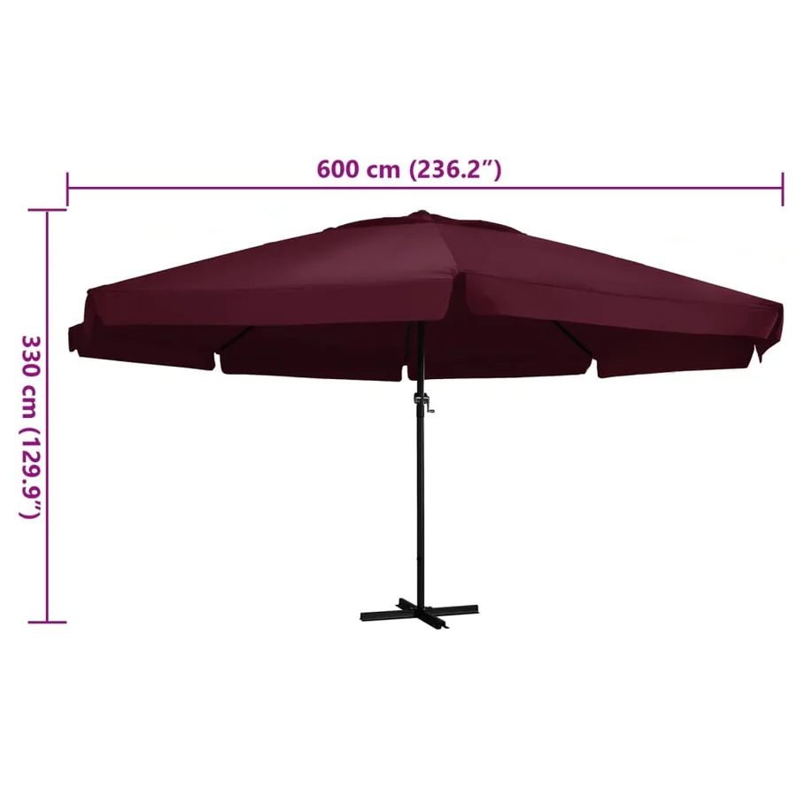 Parasol de jardin et mât en aluminium 600 cm rouge bordeaux - 5