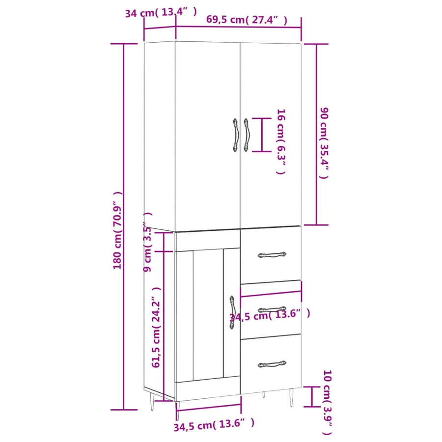 Buffet haut Blanc 69,5x34x180 cm Bois d'ingénierie - 14