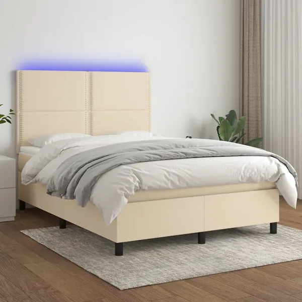 Sommier à lattes de lit et matelas et LED Crème 140x190cm Tissu