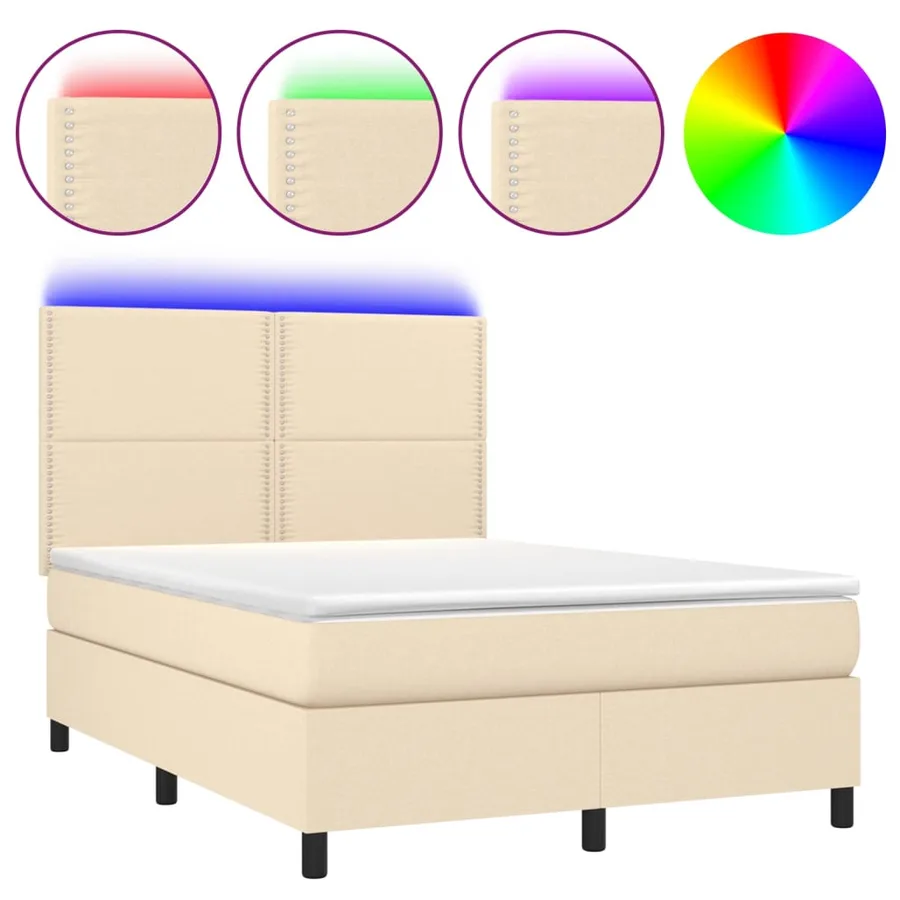 Sommier à lattes de lit et matelas et LED Crème 140x190cm Tissu - 2