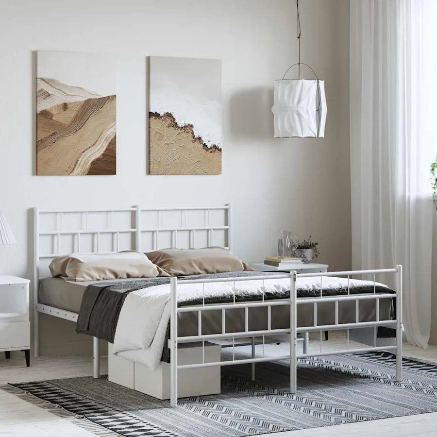 Cadre de lit métal sans matelas et pied de lit blanc 150x200 cm