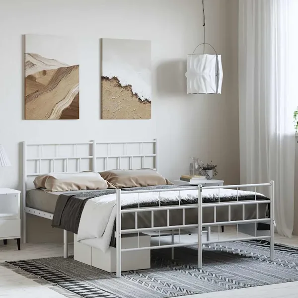 Cadre de lit métal sans matelas et pied de lit blanc 150x200 cm