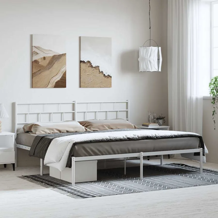 Cadre de lit métal sans matelas et tête de lit blanc 193x203 cm