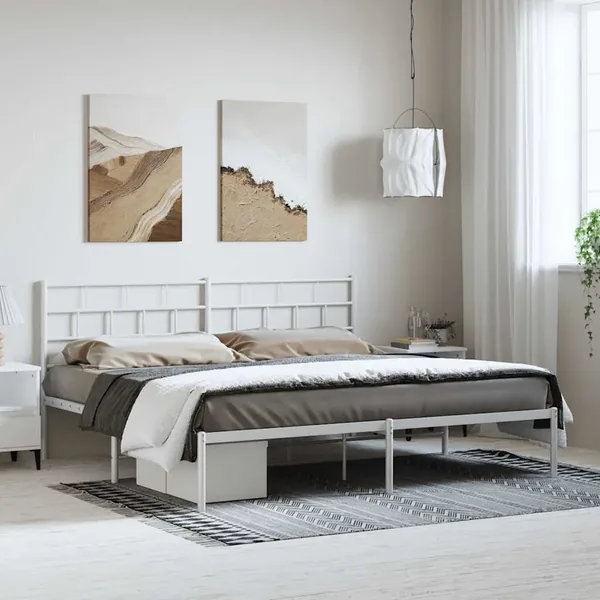 Cadre de lit métal sans matelas et tête de lit blanc 193x203 cm