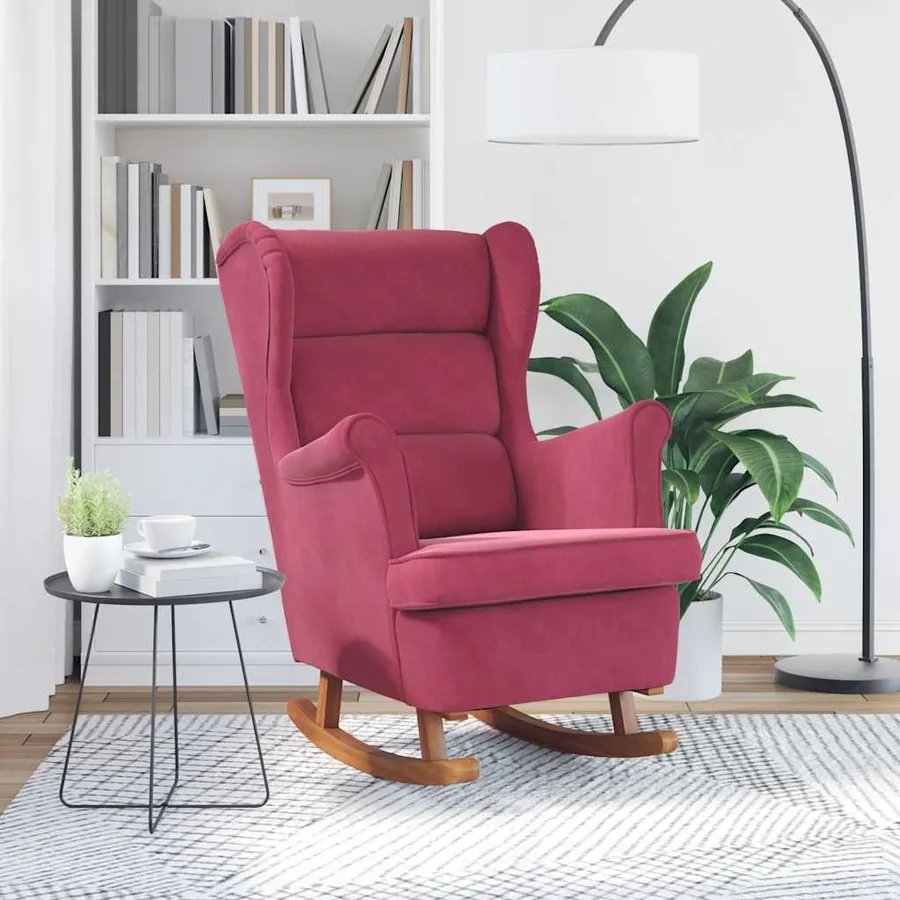 Fauteuil à bascule à oreilles en velours rouge vin bois massif - 3