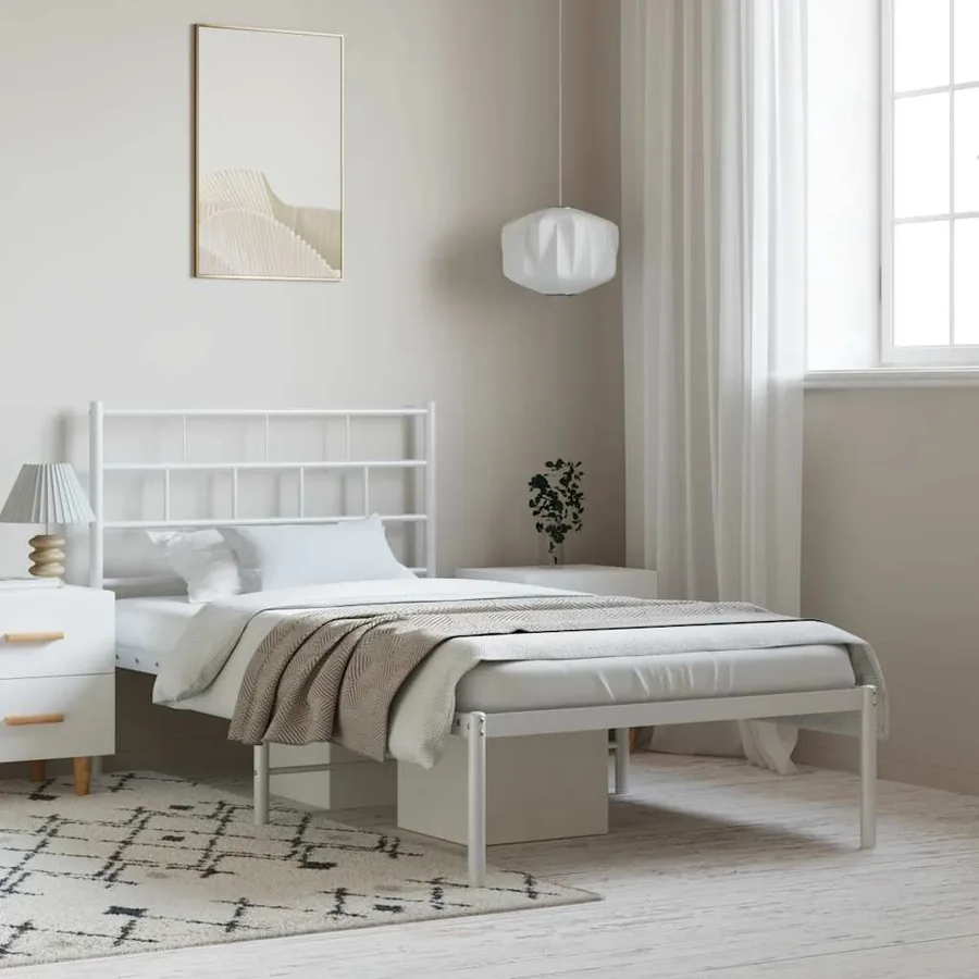 Cadre de lit métal sans matelas et tête de lit blanc 100x190 cm
