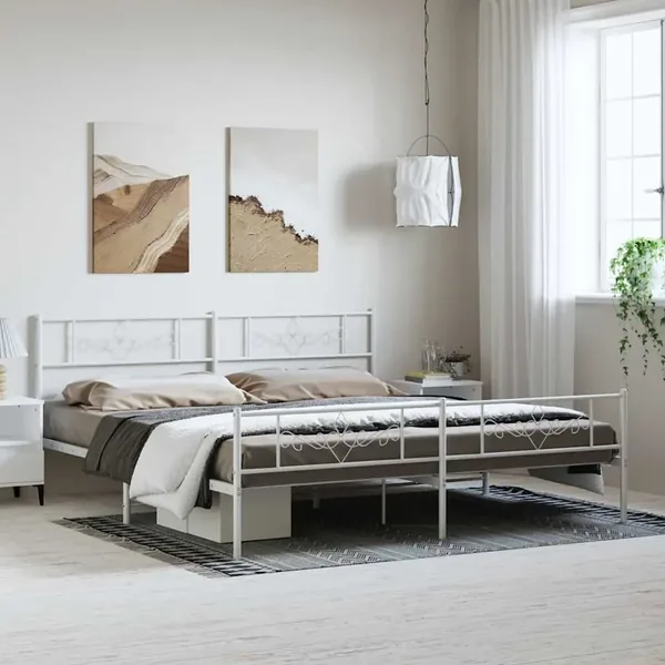 Cadre de lit métal sans matelas et pied de lit blanc 193x203 cm