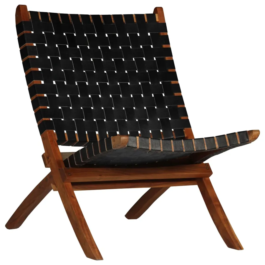 Chaise pliable bandes croisées noir cuir véritable