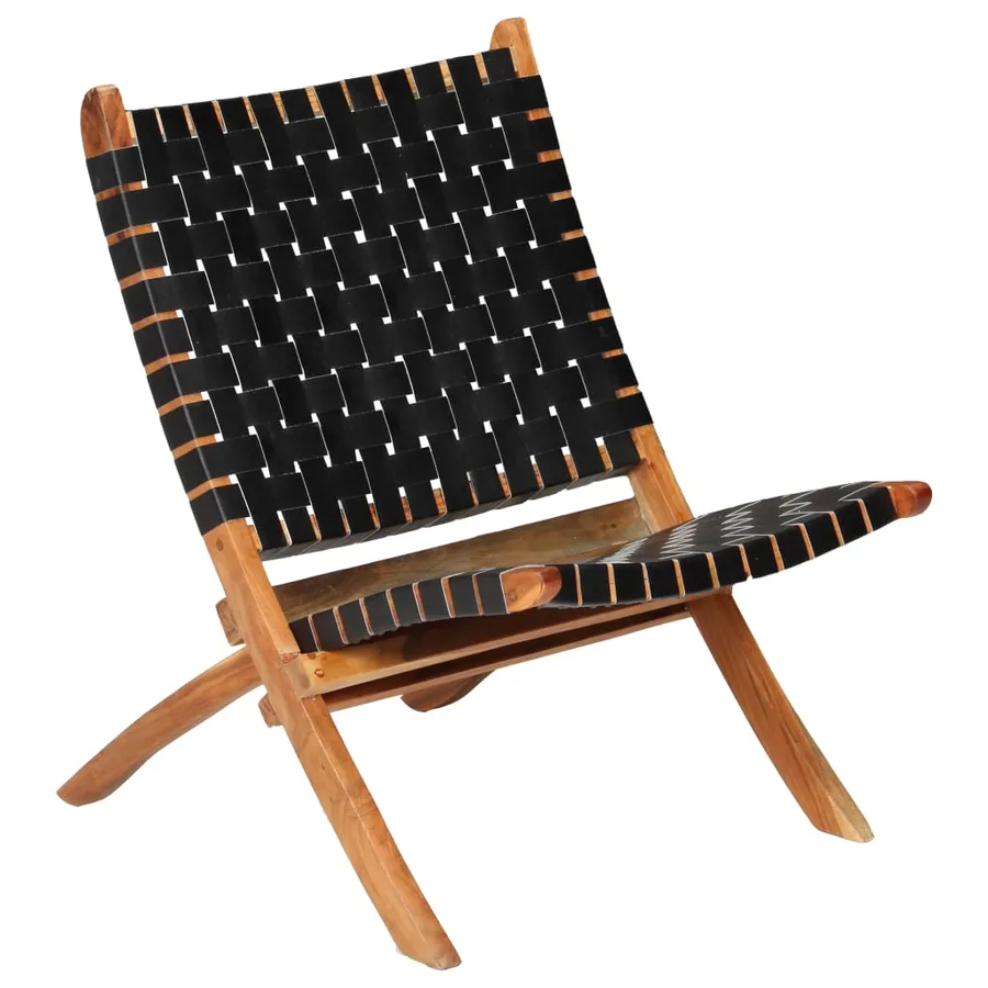 Chaise pliable bandes croisées noir cuir véritable - 12